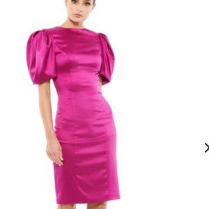 MAC DUGGAL 26636 SATIN PUFF SLEEVE FITTED MINI MAGENTA SHEATH DRESS sz 0